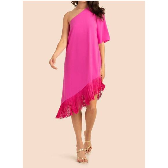 Trina Turk Gull Dress One Shoulder Mini Fringe Pink Snap Dragon Size Large - Picture 2 of 11